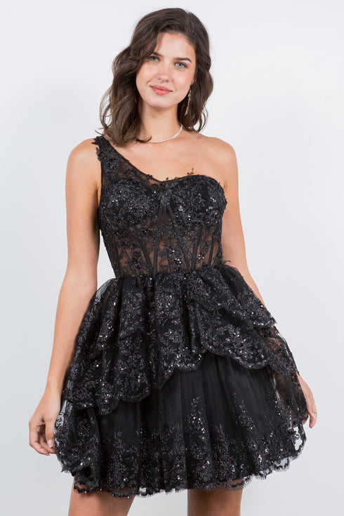 Lace One-Shoulder Tiered Skirt Cocktail Dress for Women 4/XS-16/3X